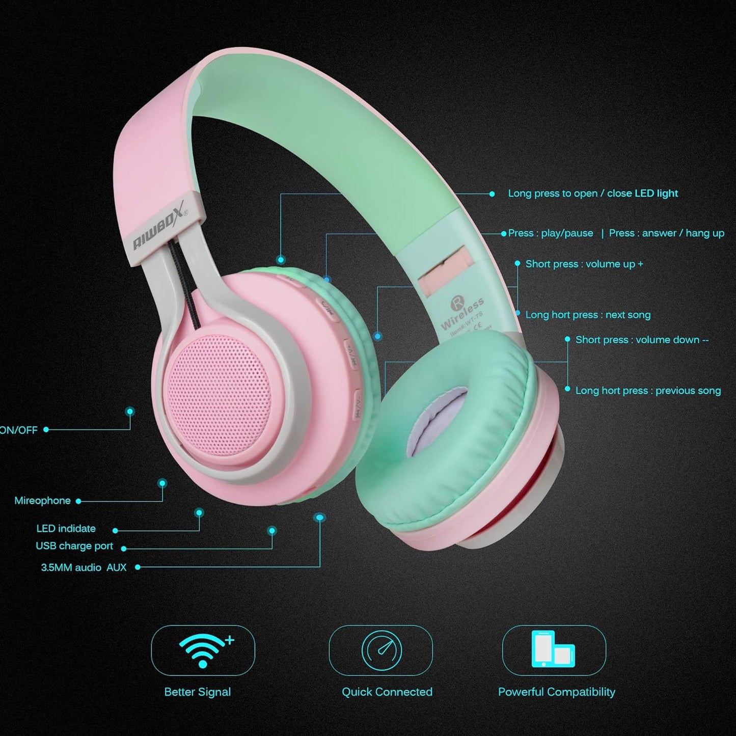 WT-7S Bluetooth Headphones Light Up, Foldable Stero Wireless Headset with Microphone and Volume Control for Pc/Tablet/Tv/Travel (Pink Green)