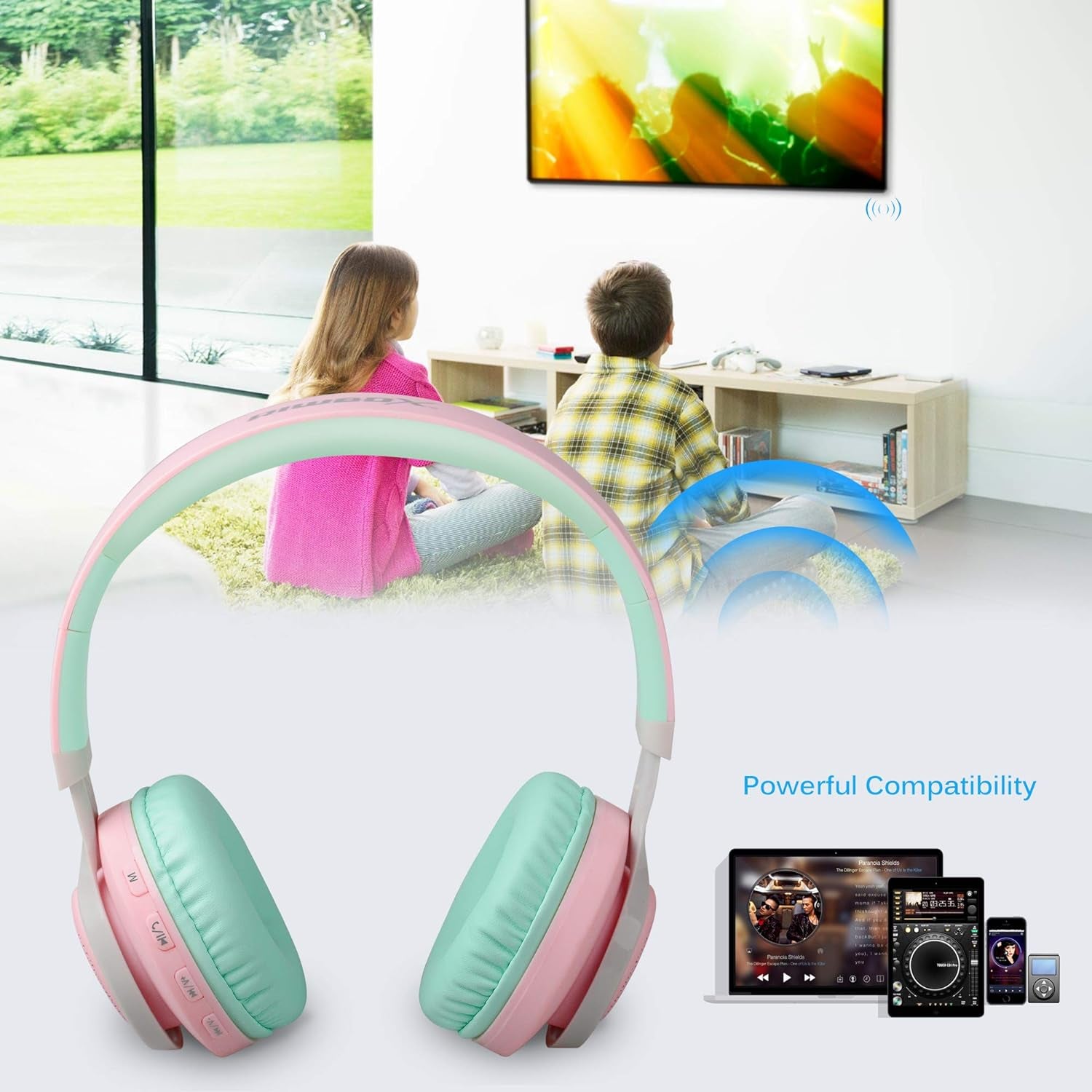 WT-7S Bluetooth Headphones Light Up, Foldable Stero Wireless Headset with Microphone and Volume Control for Pc/Tablet/Tv/Travel (Pink Green)