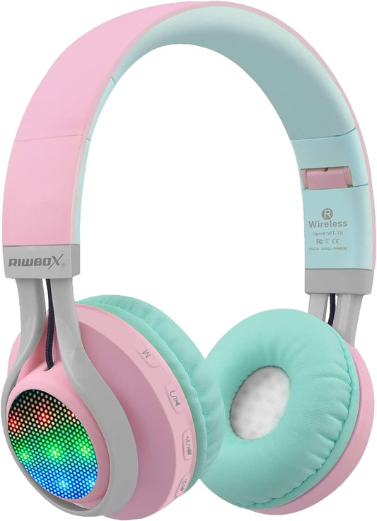 WT-7S Bluetooth Headphones Light Up, Foldable Stero Wireless Headset with Microphone and Volume Control for Pc/Tablet/Tv/Travel (Pink Green)