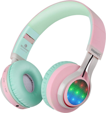 WT-7S Bluetooth Headphones Light Up, Foldable Stero Wireless Headset with Microphone and Volume Control for Pc/Tablet/Tv/Travel (Pink Green)